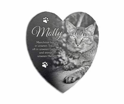 Tier Grabstein Herzform für Hund oder Katze personalisiert aus Schiefer mit Foto-Gravur