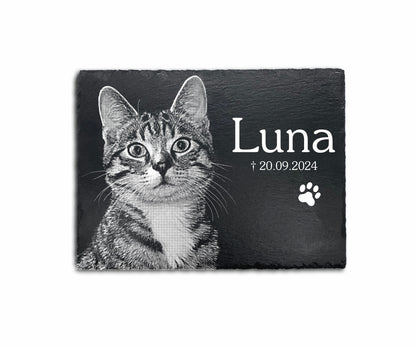 Tier Grabtafel eckig für Hund oder Katze personalisiert aus Schiefer mit Foto-Gravur