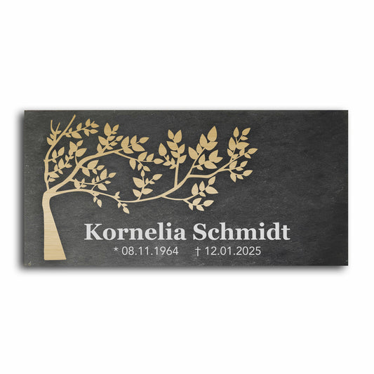 Grabstein personalisiert und elegant aus Schiefer mit Veredelung – 60×30 cm  – Motiv "Baum"
