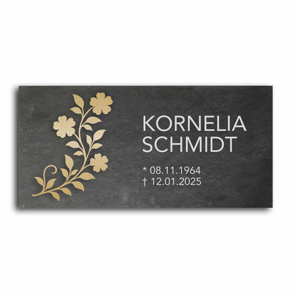 Grabstein personalisiert und elegant aus Schiefer mit Veredelung – 60×30 cm  – Motiv "Floral"