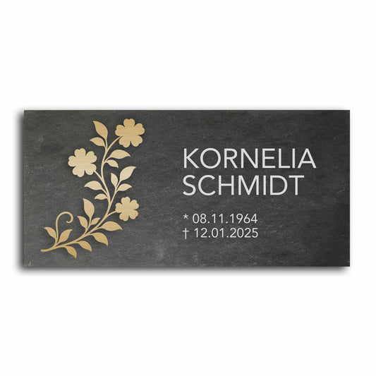 Grabstein personalisiert und elegant aus Schiefer mit Veredelung – 60×30 cm  – Motiv "Floral"