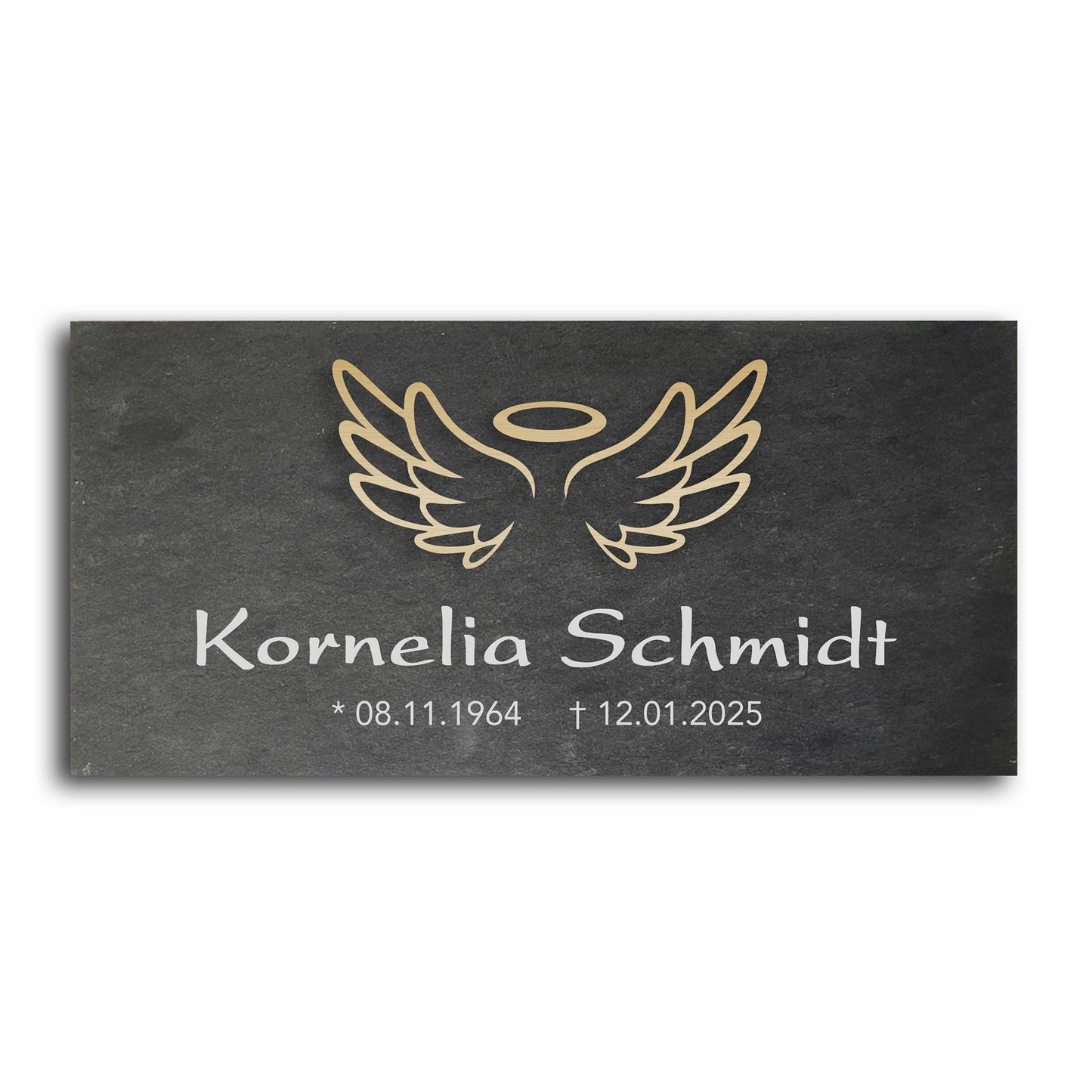 Grabstein personalisiert und elegant aus Schiefer mit Veredelung – 60×30 cm  – Motiv "Engel"