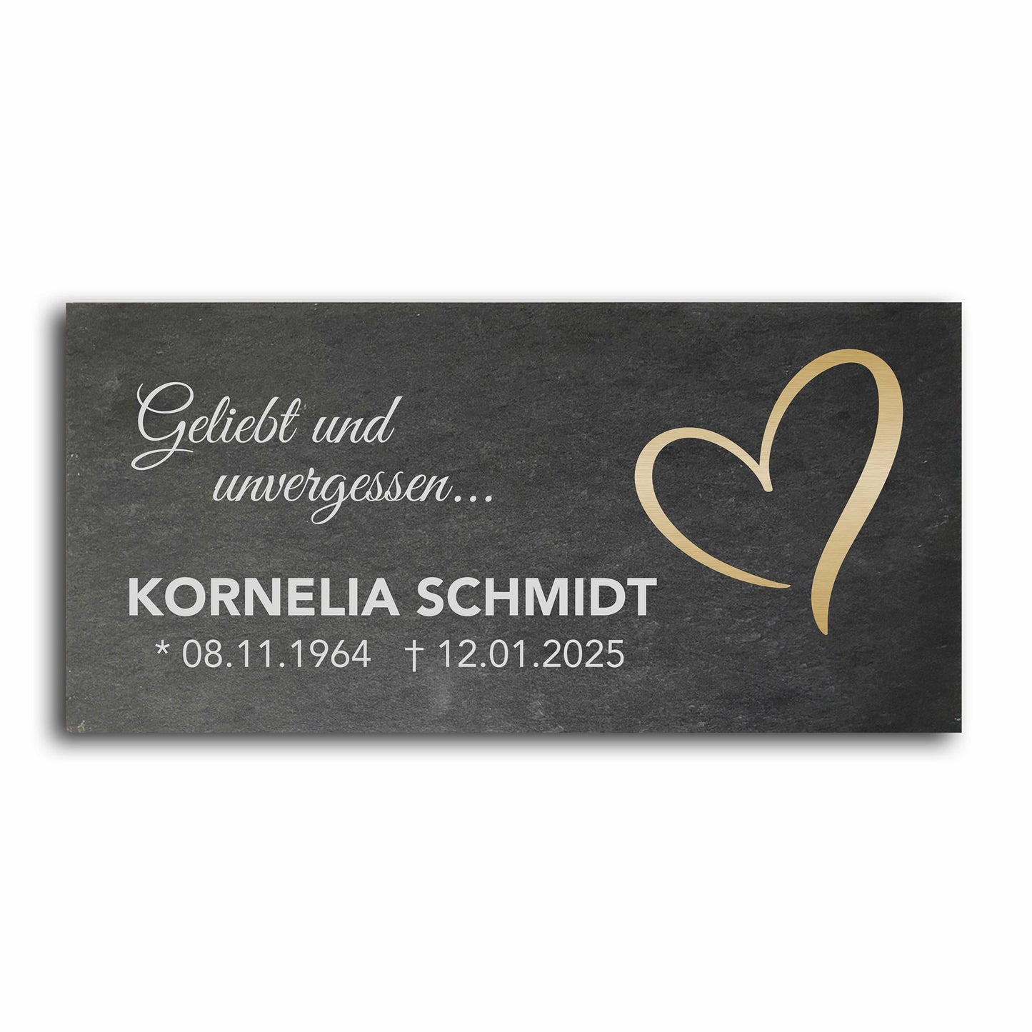 Grabstein personalisiert und elegant aus Schiefer mit Veredelung – 60×30 cm  – Motiv "Herz modern"