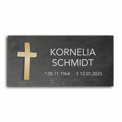 Grabstein personalisiert und elegant aus Schiefer mit Veredelung – 60×30 cm  – Motiv "Kreuz modern"