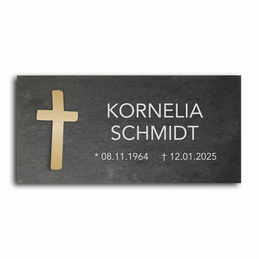 Grabstein personalisiert und elegant aus Schiefer mit Veredelung – 60×30 cm  – Motiv "Kreuz modern"