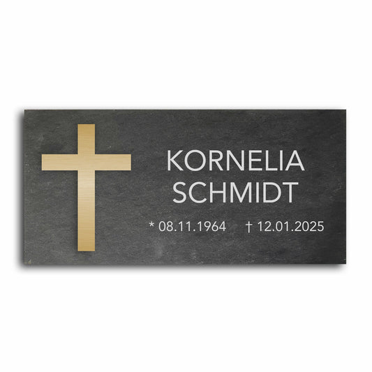 Grabstein personalisiert und elegant aus Schiefer mit Veredelung – 60×30 cm  – Motiv "Kreuz klassisch"
