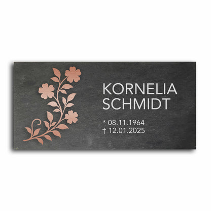 Grabstein personalisiert und elegant aus Schiefer mit Veredelung – 60×30 cm  – Motiv "Floral"