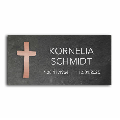 Grabstein personalisiert und elegant aus Schiefer mit Veredelung – 60×30 cm  – Motiv "Kreuz modern"