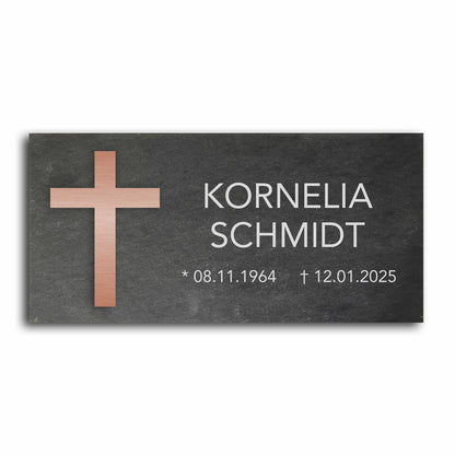 Grabstein personalisiert und elegant aus Schiefer mit Veredelung – 60×30 cm  – Motiv "Kreuz klassisch"