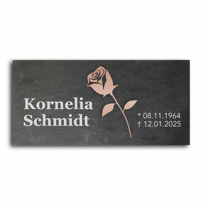 Grabstein personalisiert und elegant aus Schiefer mit Veredelung – 60×30 cm  – Motiv "Rose"