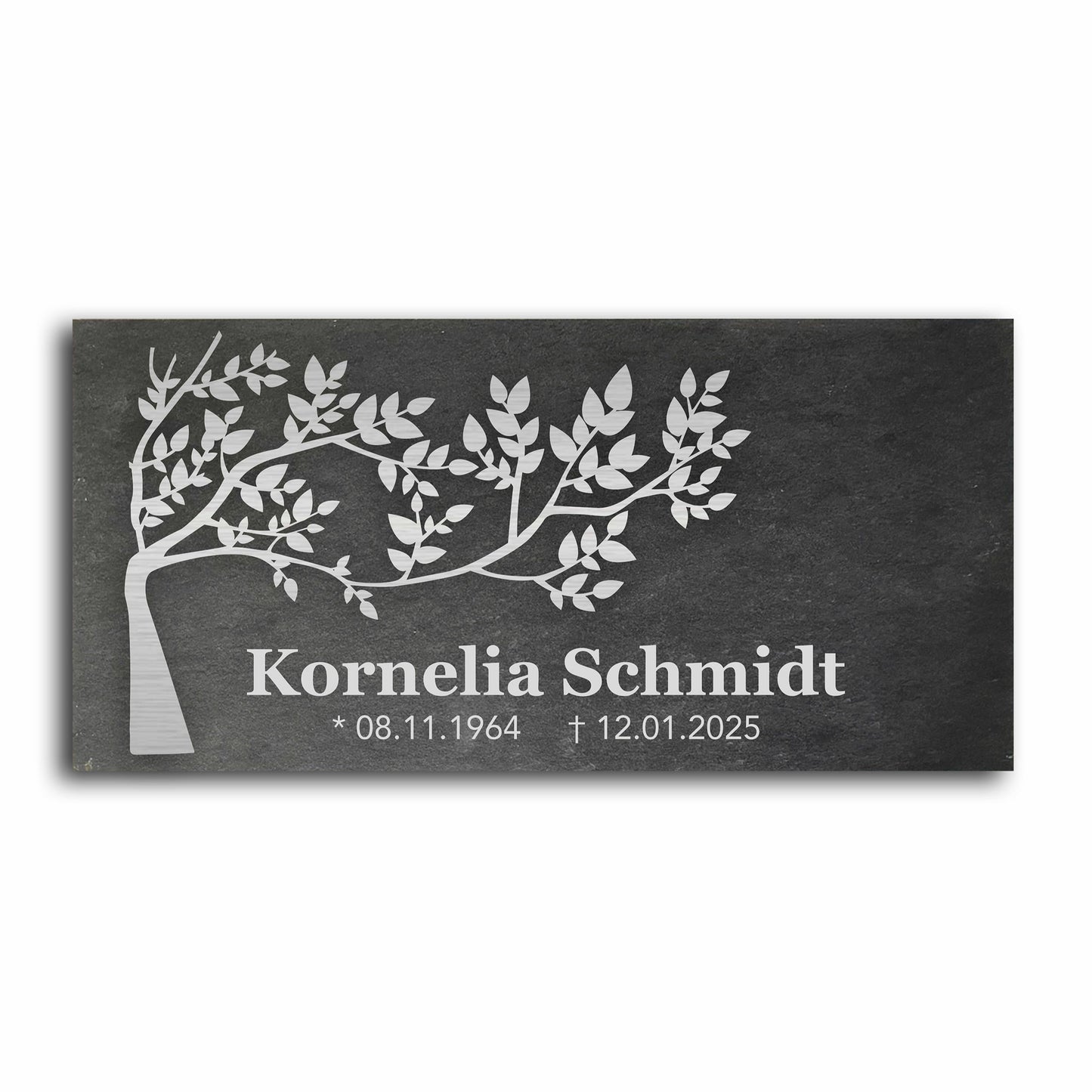 Grabstein personalisiert und elegant aus Schiefer mit Veredelung – 60×30 cm  – Motiv "Baum"