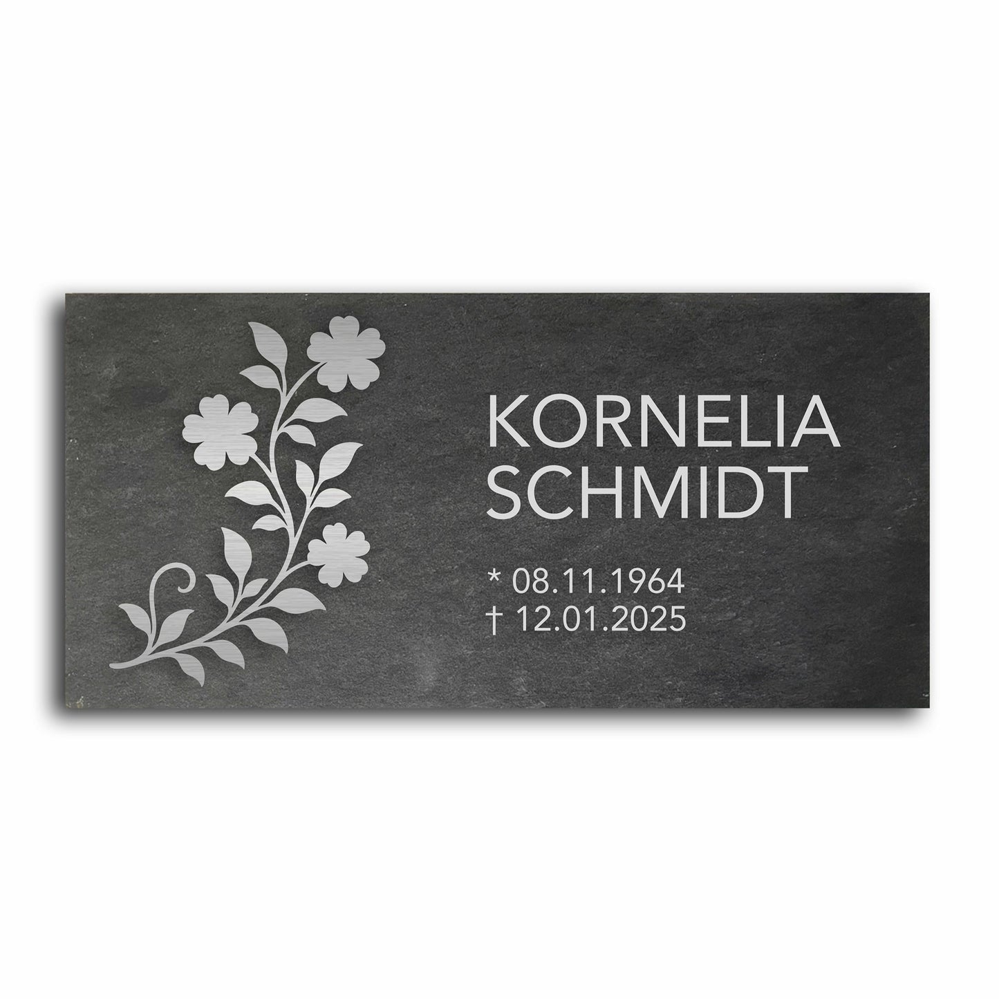 Grabstein personalisiert und elegant aus Schiefer mit Veredelung – 60×30 cm  – Motiv "Floral"
