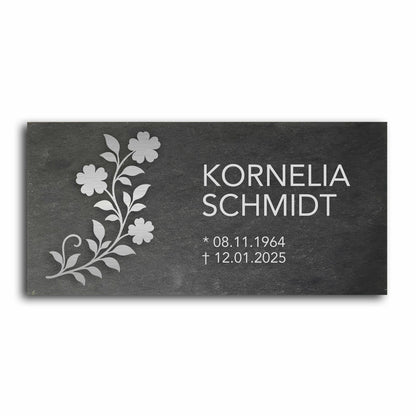 Grabstein personalisiert und elegant aus Schiefer mit Veredelung – 60×30 cm  – Motiv "Floral"