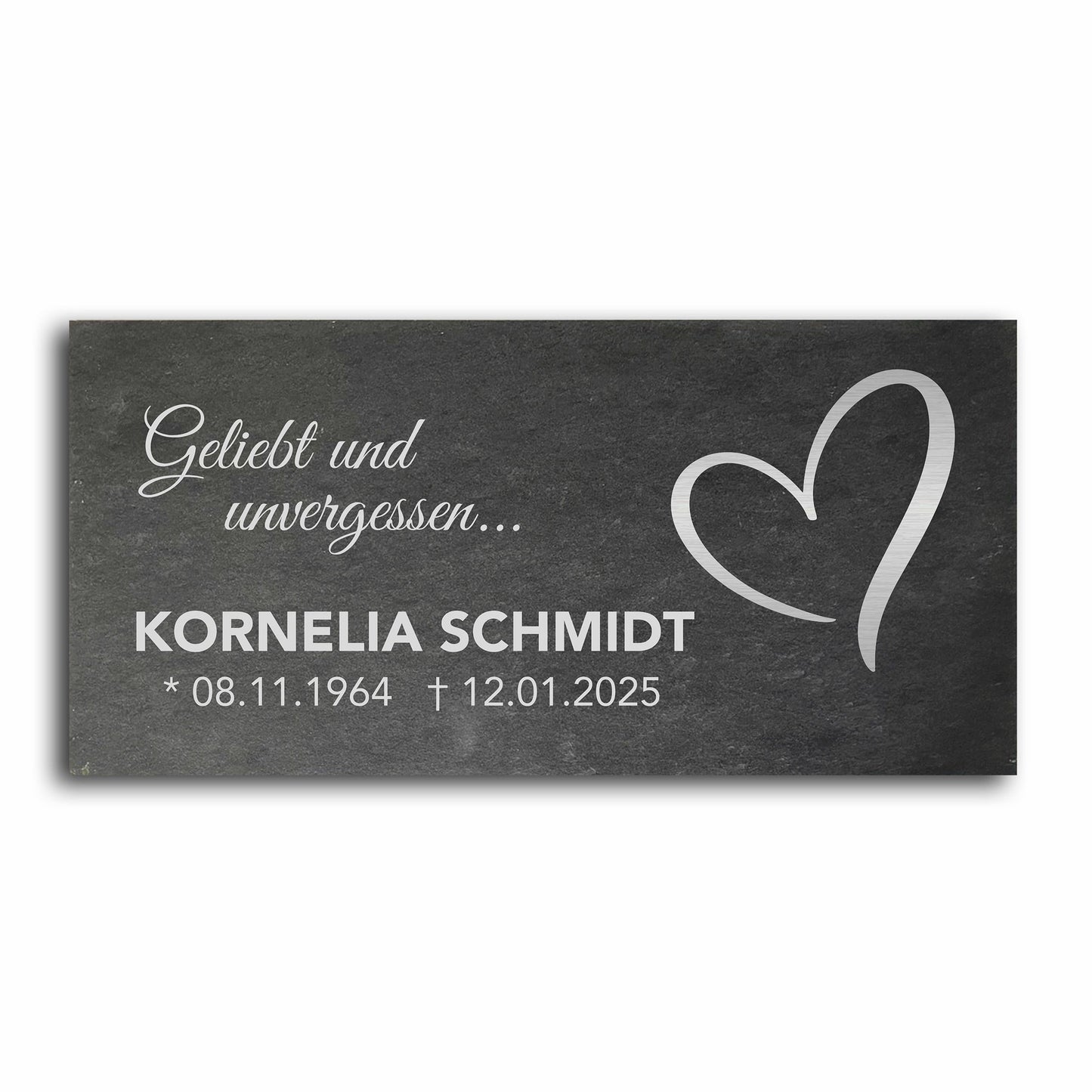 Grabstein personalisiert und elegant aus Schiefer mit Veredelung – 60×30 cm  – Motiv "Herz modern"