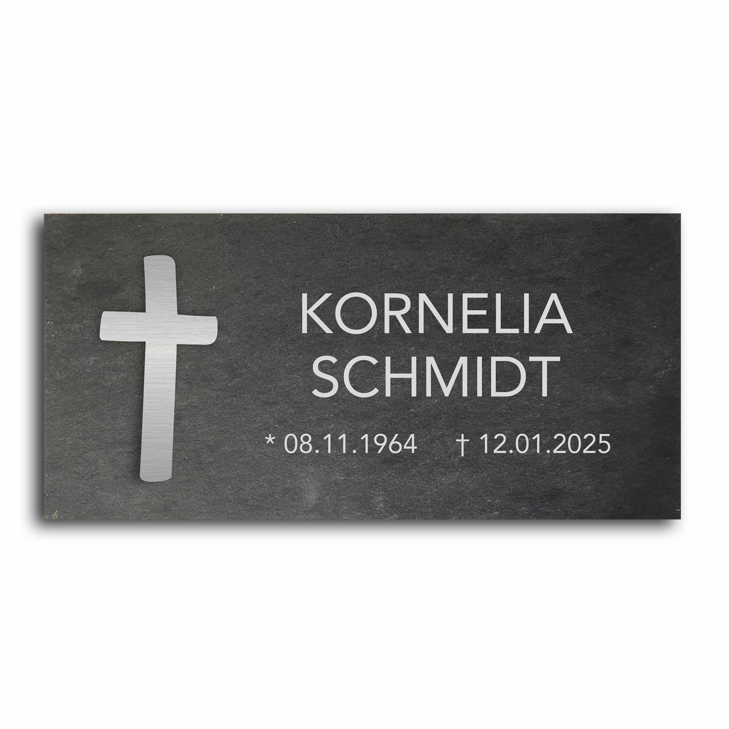 Grabstein personalisiert und elegant aus Schiefer mit Veredelung – 60×30 cm  – Motiv "Kreuz modern"