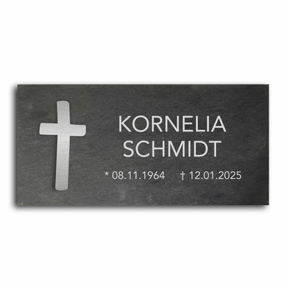 Grabstein personalisiert und elegant aus Schiefer mit Veredelung – 60×30 cm  – Motiv "Kreuz modern"