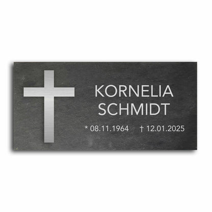 Grabstein personalisiert und elegant aus Schiefer mit Veredelung – 60×30 cm  – Motiv "Kreuz klassisch"
