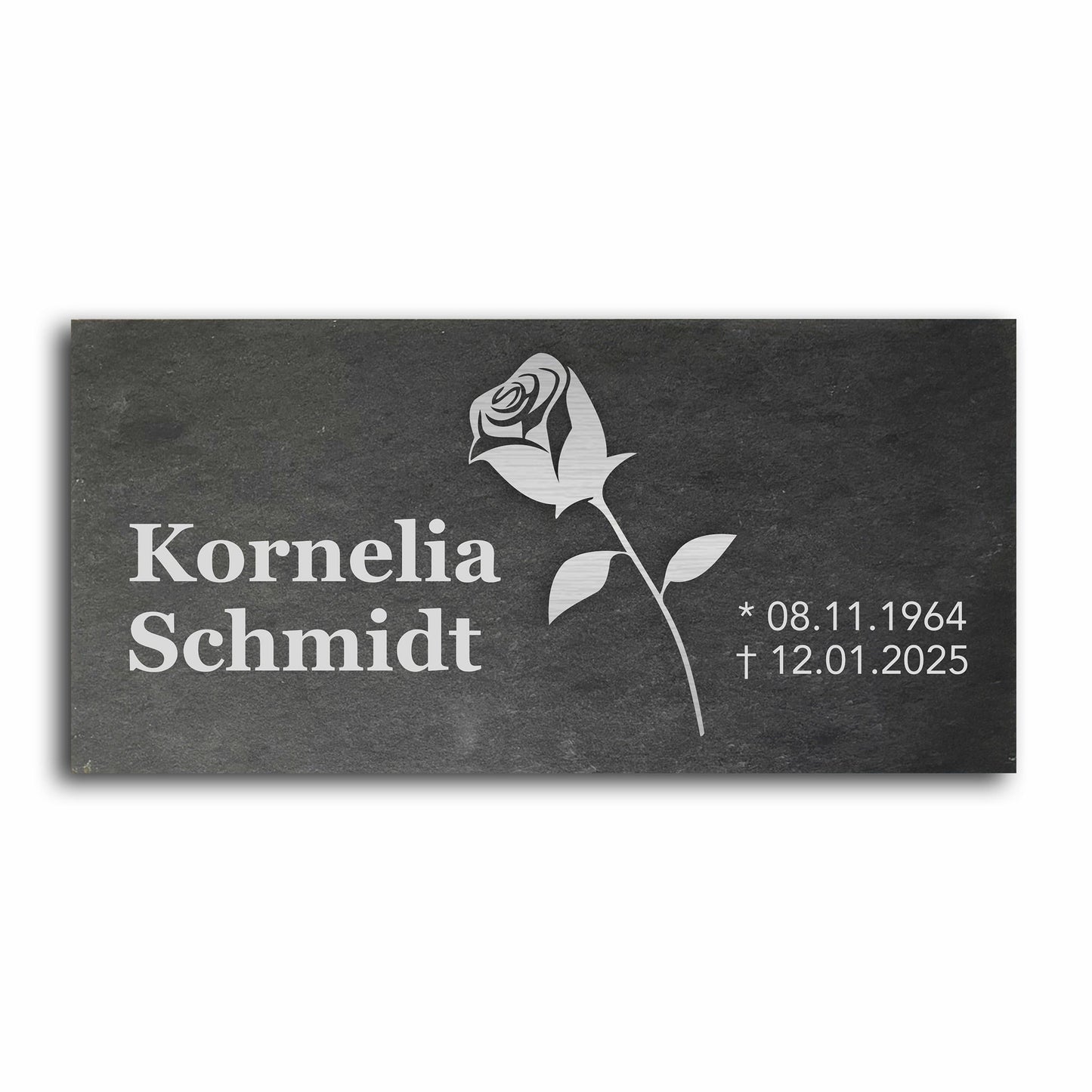 Grabstein personalisiert und elegant aus Schiefer mit Veredelung – 60×30 cm  – Motiv "Rose"