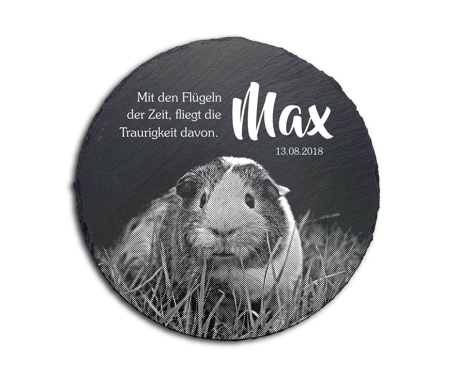 Tier Gedenktafel rund für Hund oder Katze personalisiert mit Foto-Gravur aus Schiefer