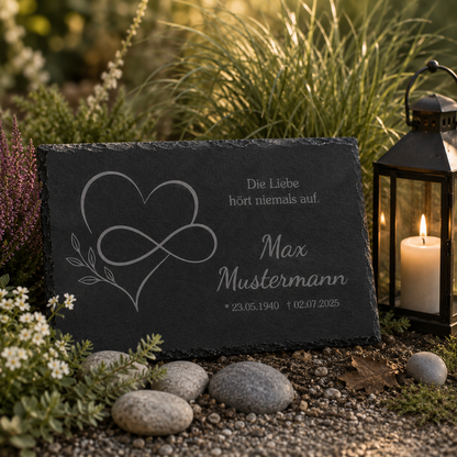 Personalisierte eckige Schiefertafel mit Namen & Datum – Gedenktafel mit Herz Unendlichkeit
