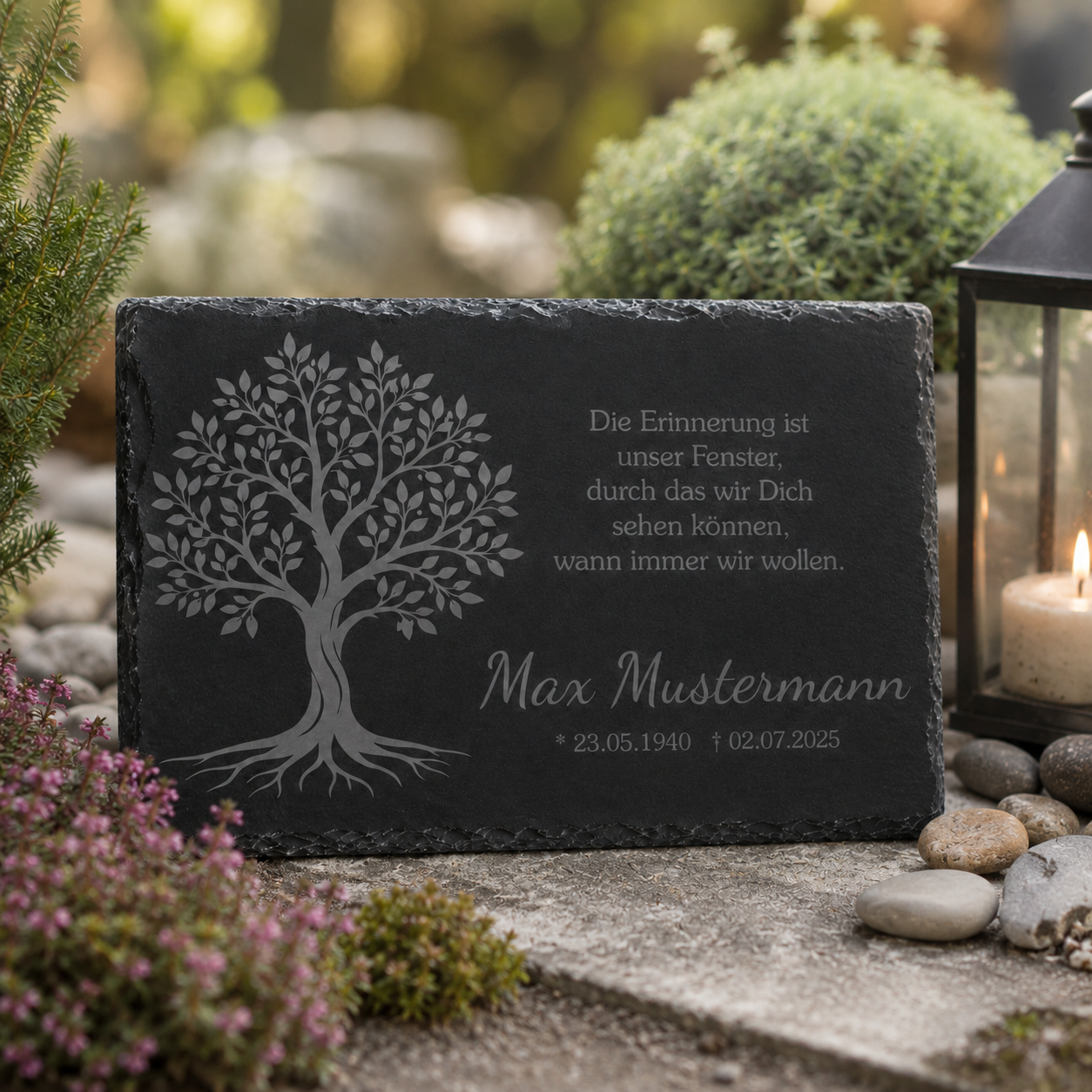 Personalisierte eckige Schiefertafel mit Namen & Datum – Gedenktafel mit Lebensbaum