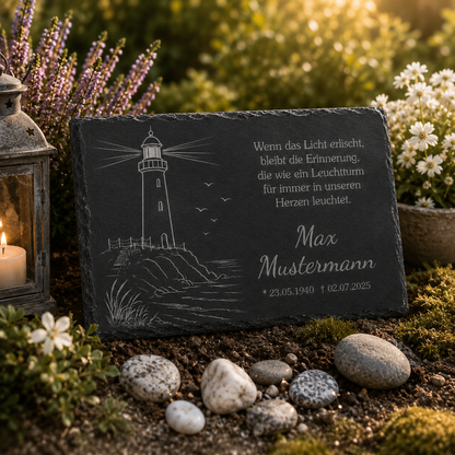 Personalisierte eckige Schiefertafel mit Namen & Datum – Gedenktafel mit Leuchtturm