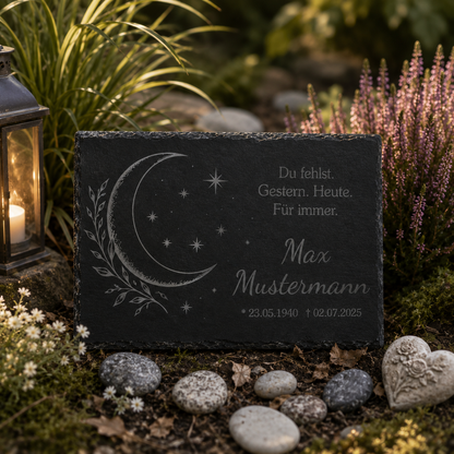 Personalisierte eckige Schiefertafel mit Namen & Datum – Gedenktafel mit Mond