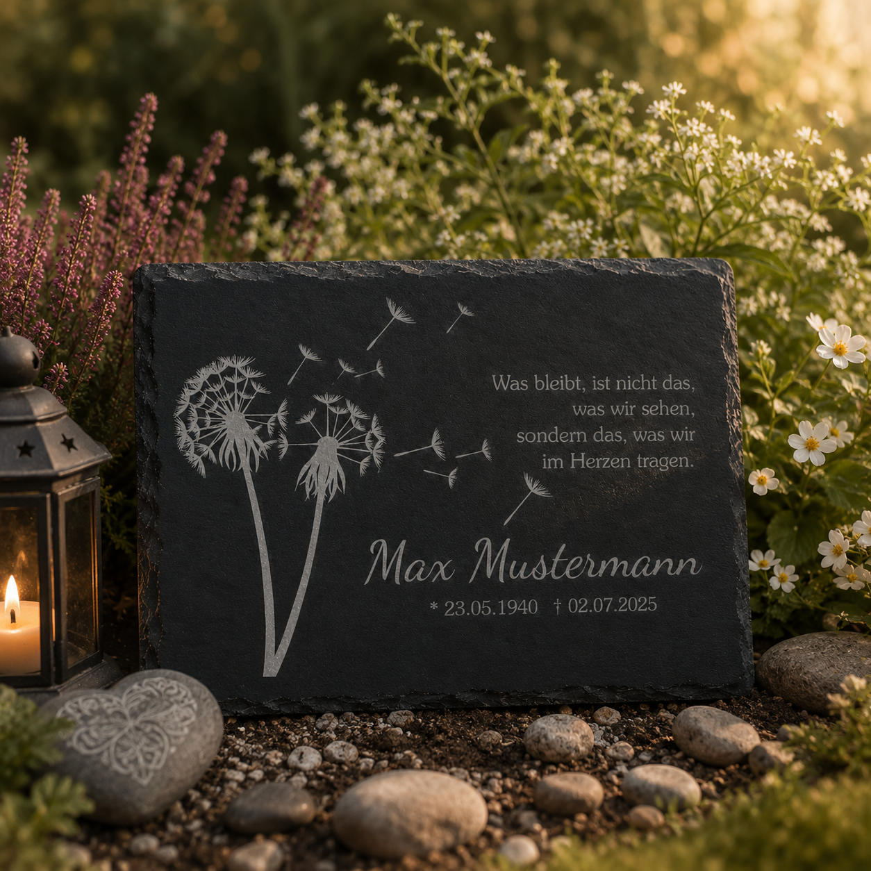 Personalisierte eckige Schiefertafel mit Namen & Datum – Gedenktafel mit Pusteblume