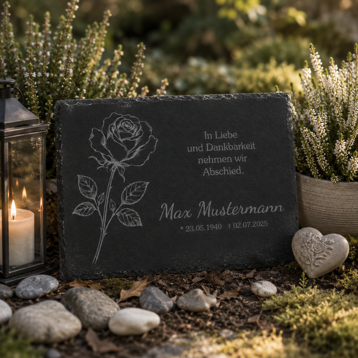 Personalisierte eckige Schiefertafel mit Namen & Datum – Gedenktafel mit Rose
