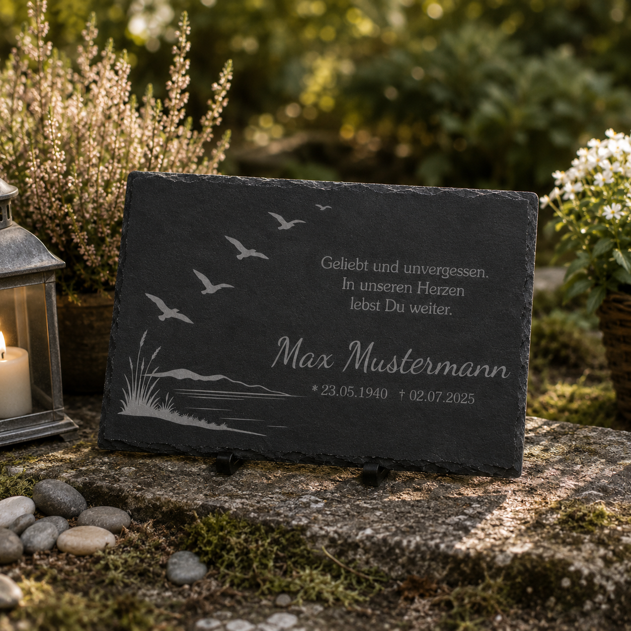 Personalisierte eckige Schiefertafel mit Namen & Datum – Gedenktafel mit Zugvögeln