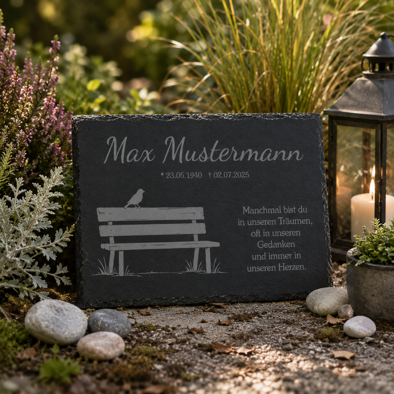 Personalisierte eckige Schiefertafel mit Namen & Datum – Gedenktafel mit Vogel