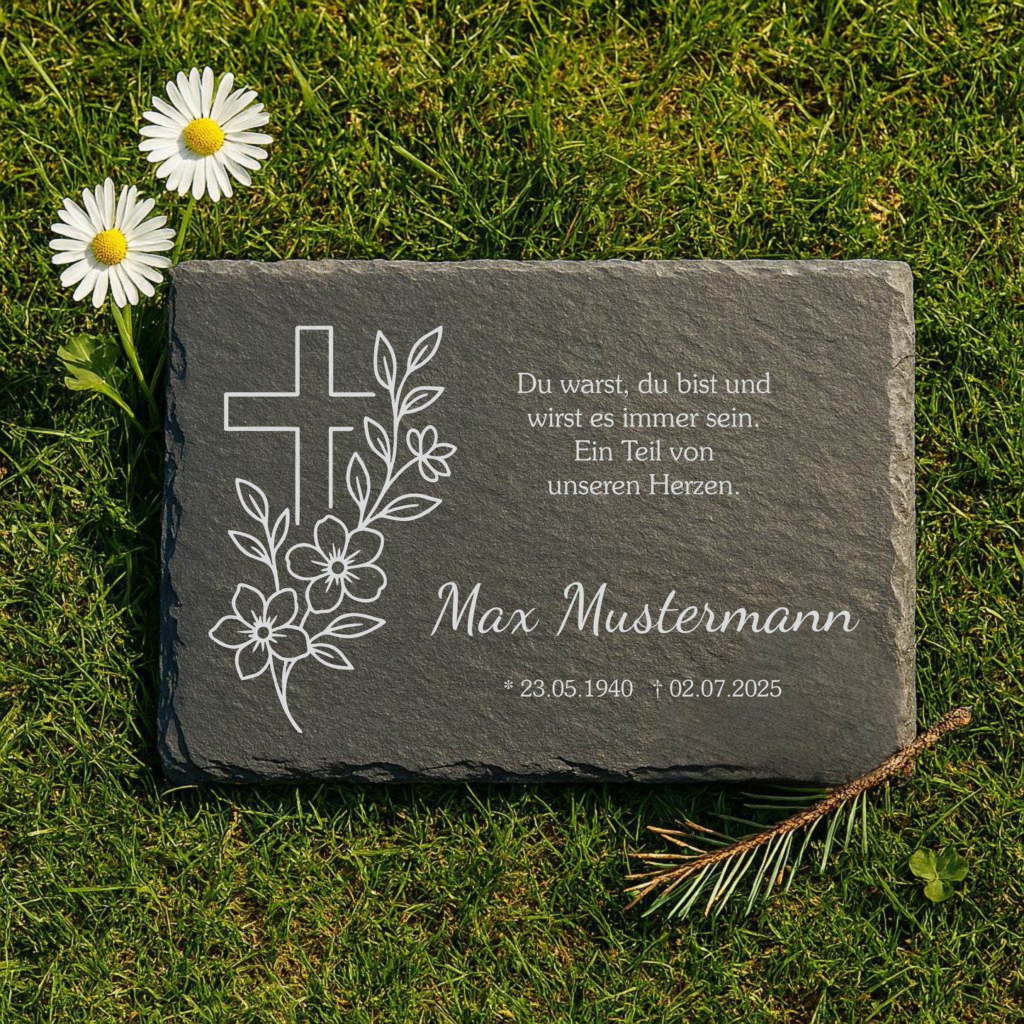 Personalisierte eckige Schiefertafel mit Namen & Datum – Gedenktafel mit Kreuz floral
