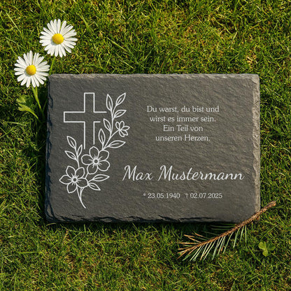 Personalisierte eckige Schiefertafel mit Namen & Datum – Gedenktafel mit Kreuz floral