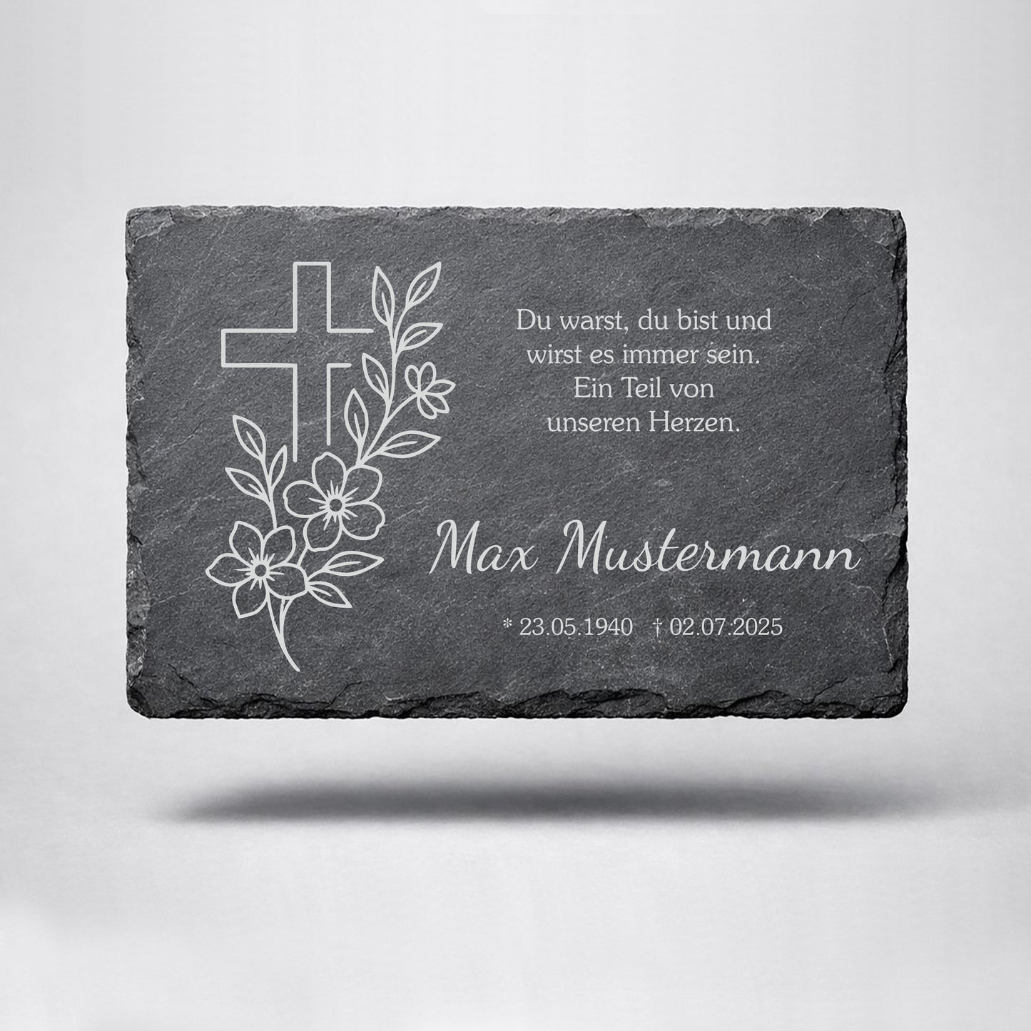 Personalisierte eckige Schiefertafel mit Namen & Datum – Gedenktafel mit Kreuz floral