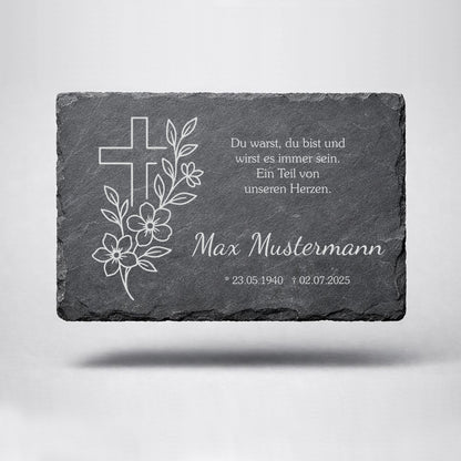 Personalisierte eckige Schiefertafel mit Namen & Datum – Gedenktafel mit Kreuz floral