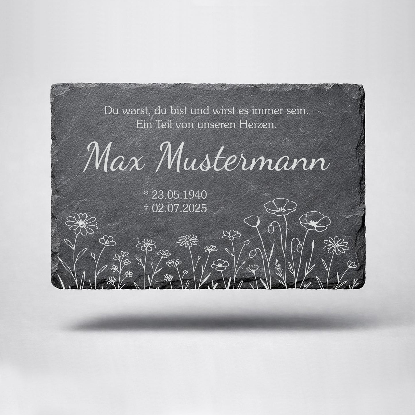 Personalisierte eckige Schiefertafel mit Namen & Datum – Gedenktafel mit Blumenwiese