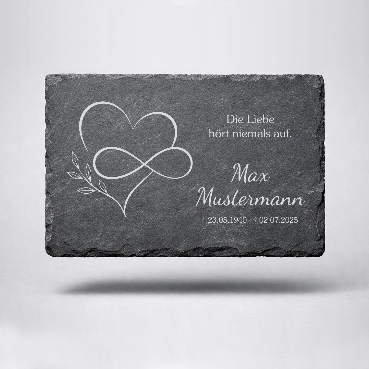 Personalisierte eckige Schiefertafel mit Namen & Datum – Gedenktafel mit Herz Unendlichkeit