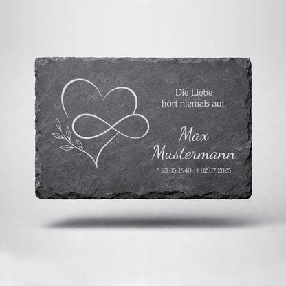 Personalisierte eckige Schiefertafel mit Namen & Datum – Gedenktafel mit Herz Unendlichkeit