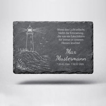 Personalisierte eckige Schiefertafel mit Namen & Datum – Gedenktafel mit Leuchtturm