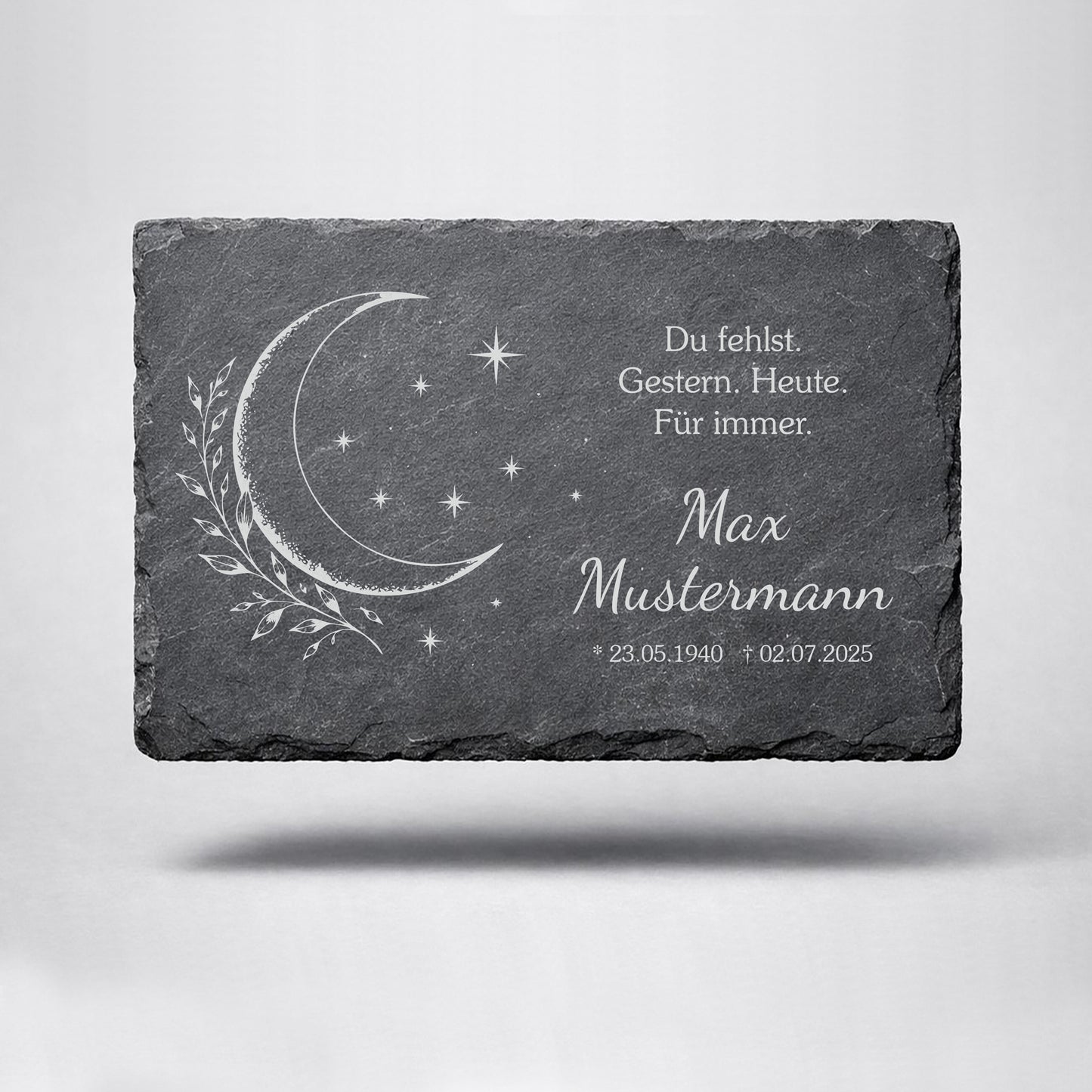 Personalisierte eckige Schiefertafel mit Namen & Datum – Gedenktafel mit Mond