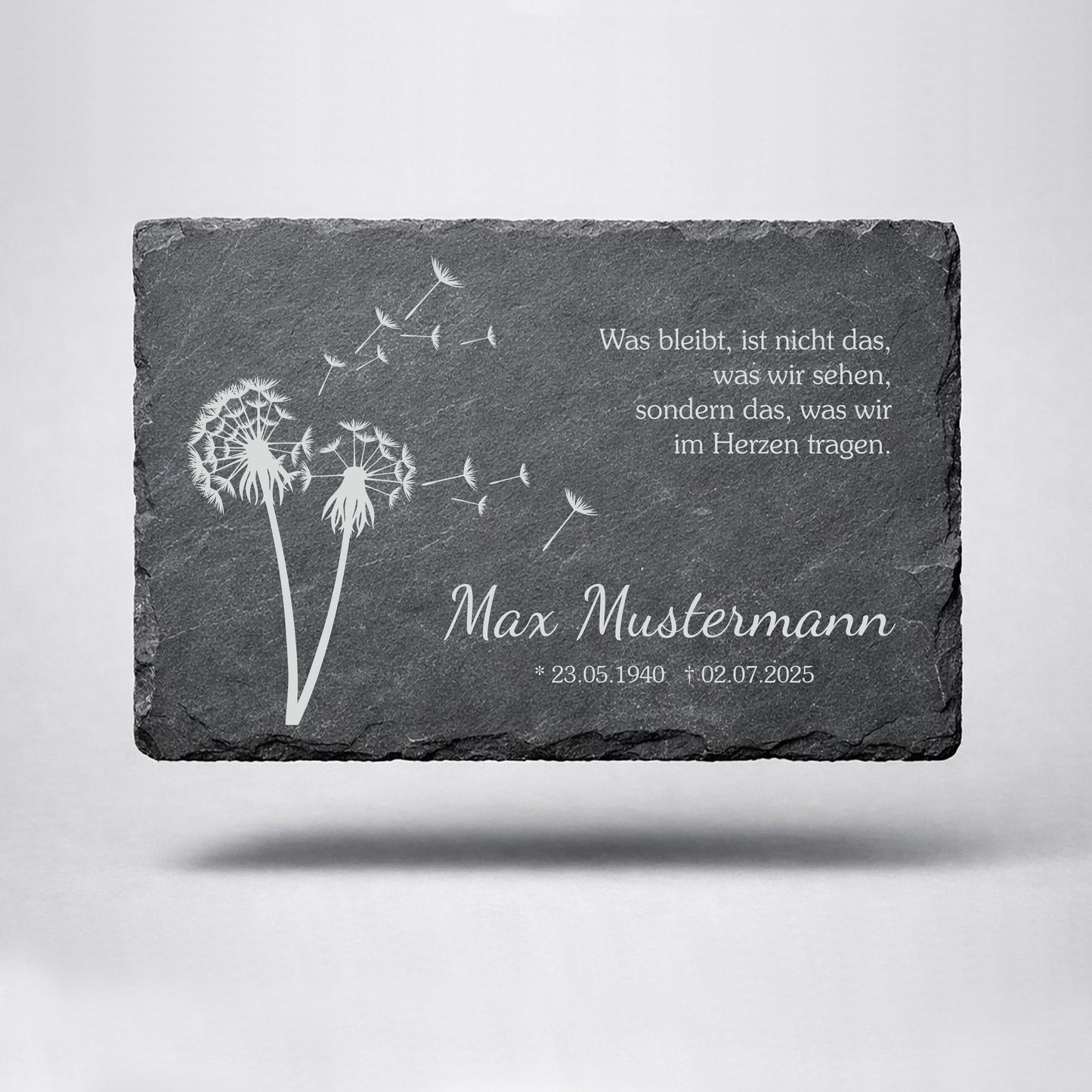 Personalisierte eckige Schiefertafel mit Namen & Datum – Gedenktafel mit Pusteblume