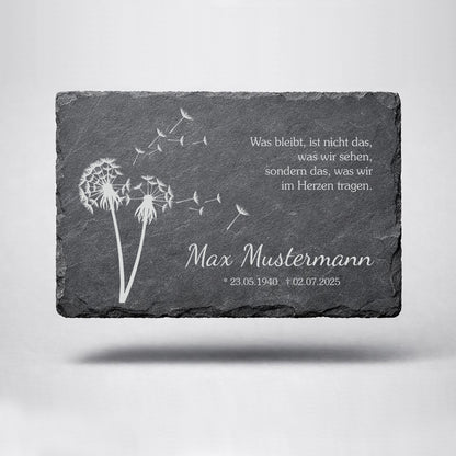 Personalisierte eckige Schiefertafel mit Namen & Datum – Gedenktafel mit Pusteblume
