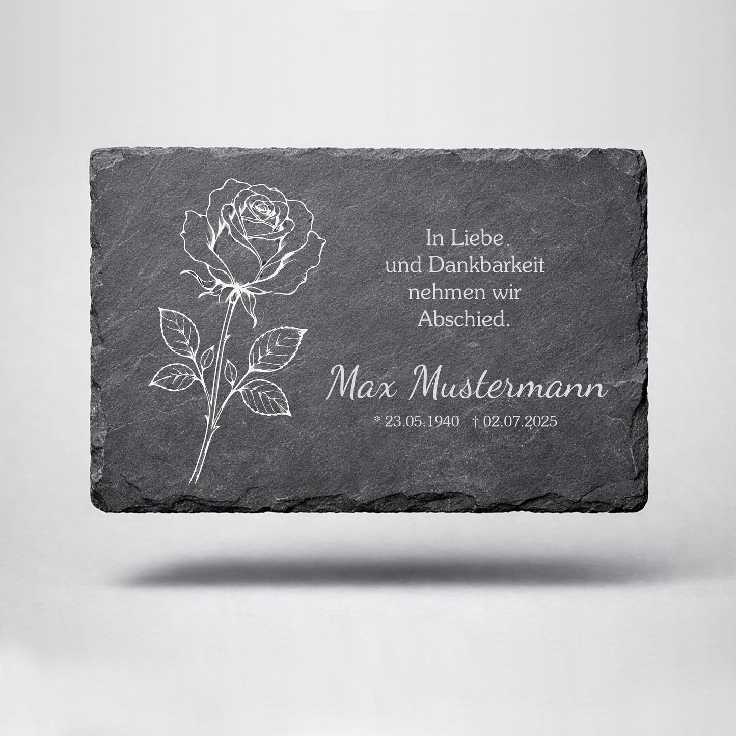 Personalisierte eckige Schiefertafel mit Namen & Datum – Gedenktafel mit Rose