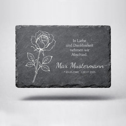 Personalisierte eckige Schiefertafel mit Namen & Datum – Gedenktafel mit Rose