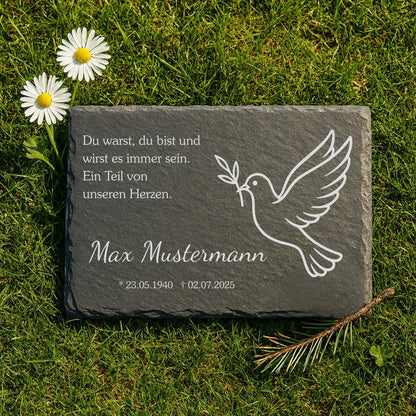 Personalisierte eckige Schiefertafel mit Namen & Datum – Gedenktafel mit Taube