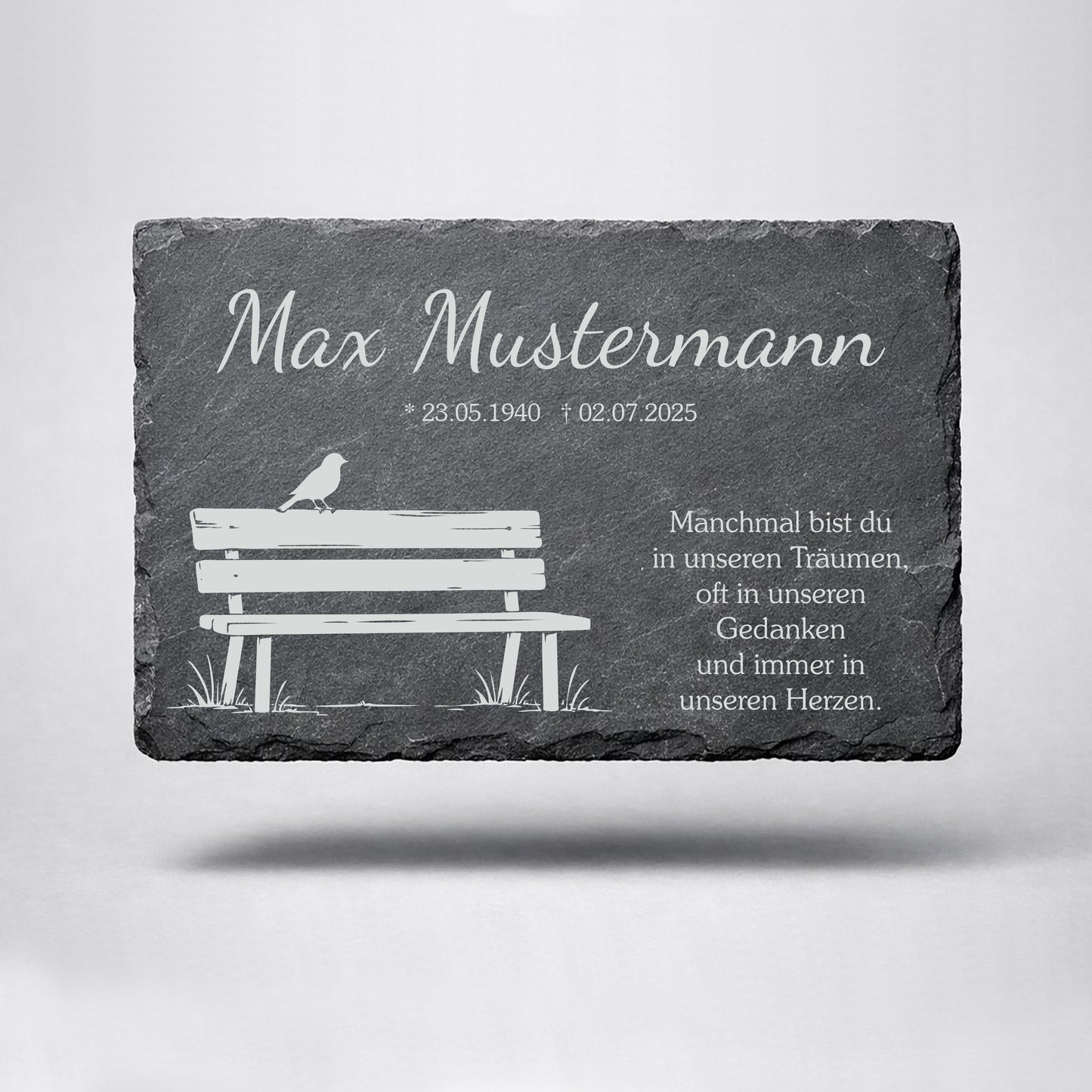 Personalisierte eckige Schiefertafel mit Namen & Datum – Gedenktafel mit Vogel