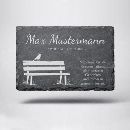 Personalisierte eckige Schiefertafel mit Namen & Datum – Gedenktafel mit Vogel