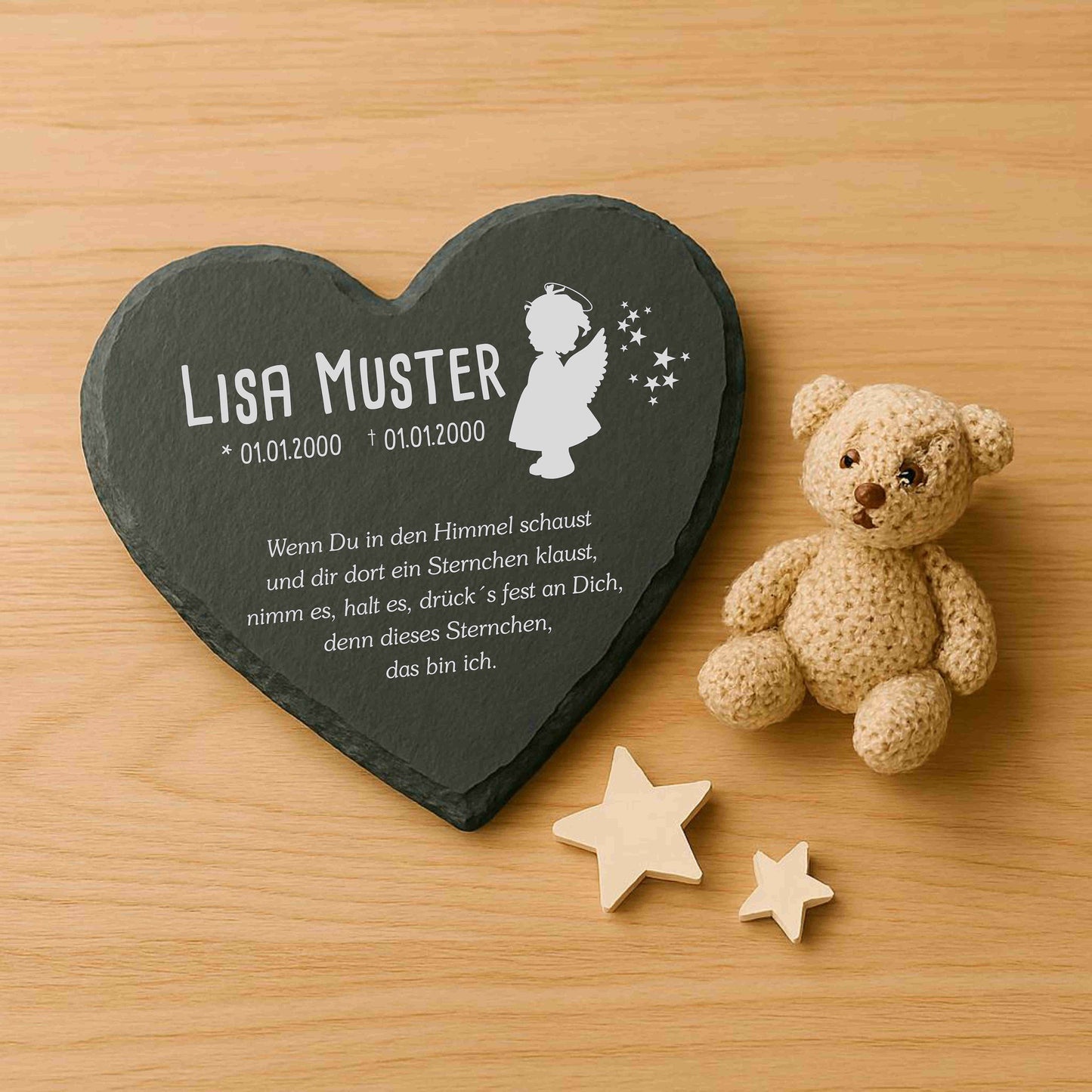 Gedenktafel für Sternenkinder personalisiert mit Namen aus Schiefer - Motiv „Engel Mädchen“
