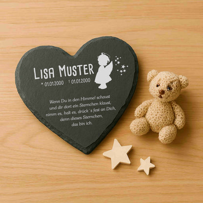 Gedenktafel für Sternenkinder personalisiert mit Namen aus Schiefer - Motiv „Engel Mädchen“