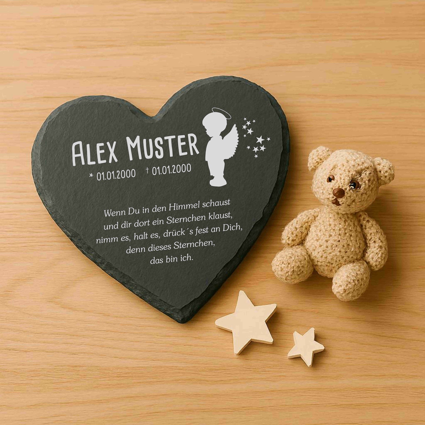 Gedenktafel für Sternenkinder personalisiert mit Namen aus Schiefer - Motiv „Engel Junge“